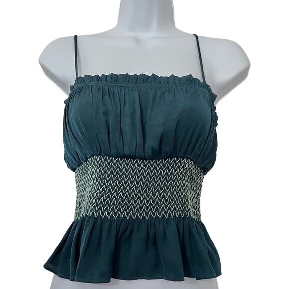 Free People Satin Smocked Cropped Tank Top Size XS Teal Boho Romantic Camisole - Picture 1 of 5
